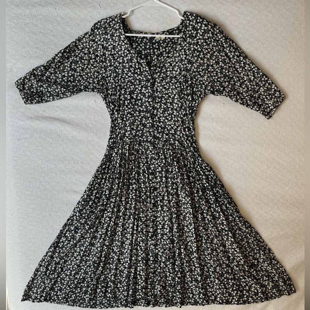 Floral Midnight Blue and White Fit and Flare 3/4 Sleeve Button Up Dress